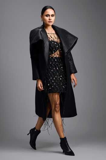 Buy_Deepika Arora_Black Georgette Bandeau , Shawl Structured Jacket And Skirt Set _Online_at_Aza_Fashions