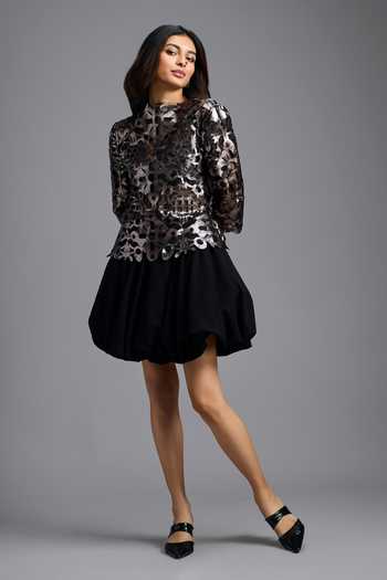 Deepika Arora_Black Faux Leather, Georgette High Neck Laser Cut Out Dress _Online_at_Aza_Fashions