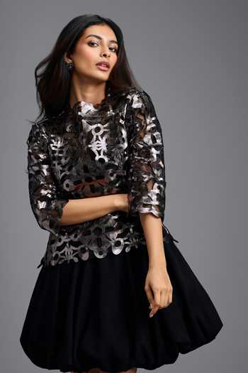 Shop_Deepika Arora_Black Faux Leather, Georgette High Neck Laser Cut Out Dress _Online_at_Aza_Fashions