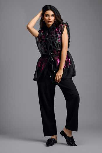 Shop Deepika Arora Black Organza, Ponte Roma High Neck Sheer Top And Trouser Set Online at Aza Fashions Shop_Deepika Arora_Black Organza, Ponte Roma High Neck Sheer Top And Trouser Set _Online_at_Aza_Fashions