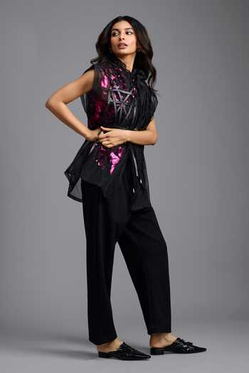 Shop Deepika Arora Black Organza, Ponte Roma High Neck Sheer Top And Trouser Set Shop_Deepika Arora_Black Organza, Ponte Roma High Neck Sheer Top And Trouser Set
