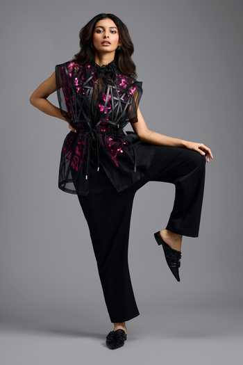 Deepika Arora_Black Organza High Neck Metallic Embellished Top _at_Aza_Fashions