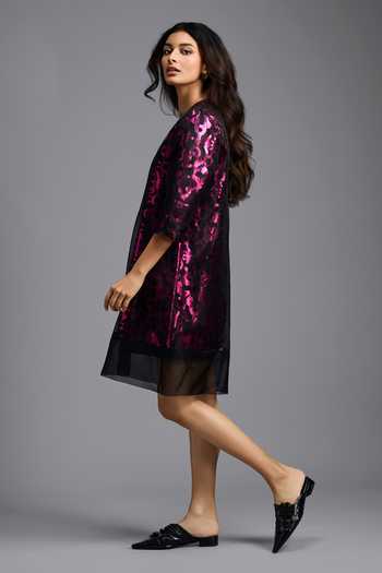Deepika Arora Pink Organza, Faux Leather V-neck Patterned Dress With Slip Online at Aza Fashions Deepika Arora_Pink Organza, Faux Leather V-neck Patterned Dress With Slip _Online_at_Aza_Fashions