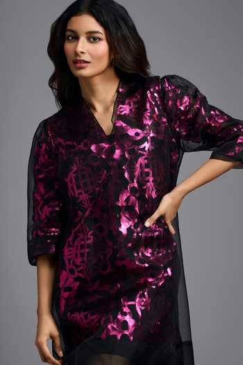 Shop Deepika Arora Pink Organza, Faux Leather V-neck Patterned Dress With Slip Online at Aza Fashions Shop_Deepika Arora_Pink Organza, Faux Leather V-neck Patterned Dress With Slip _Online_at_Aza_Fashions