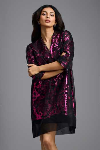 Deepika Arora Pink Organza, Faux Leather V-neck Patterned Dress With Slip at Aza Fashions Deepika Arora_Pink Organza, Faux Leather V-neck Patterned Dress With Slip _at_Aza_Fashions