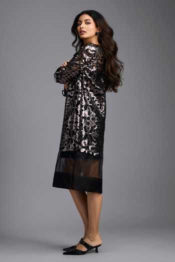 Deepika Arora_Black Organza, Leather Round Neck Gunmetal Applique Dress _Online_at_Aza_Fashions