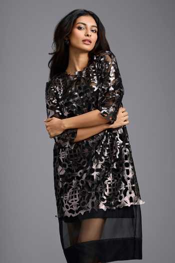 Buy_Deepika Arora_Black Organza, Leather Round Neck Gunmetal Applique Dress _Online_at_Aza_Fashions