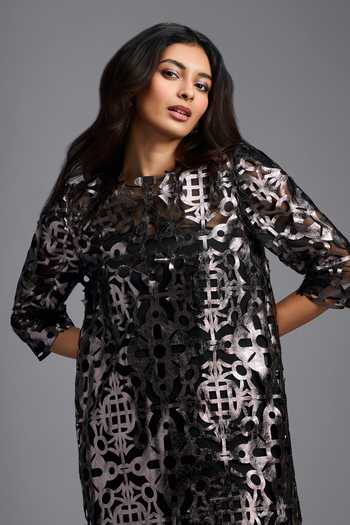 Shop_Deepika Arora_Black Organza, Leather Round Neck Gunmetal Applique Dress _Online_at_Aza_Fashions