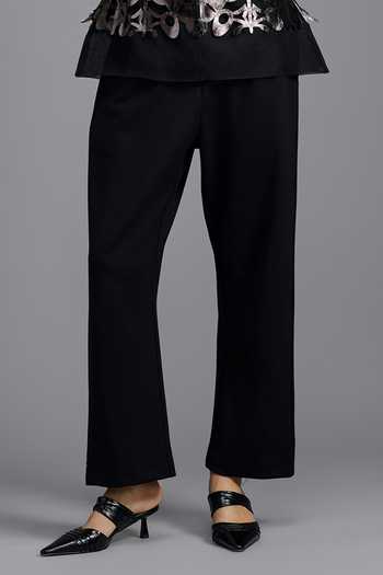 Deepika Arora_Black Ponte Roma, Faux Leather High Neck Metallic Cutwork Top And Trouser Set _Online_at_Aza_Fashions