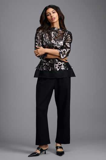 Buy_Deepika Arora_Black Ponte Roma, Faux Leather High Neck Metallic Cutwork Top And Trouser Set _Online_at_Aza_Fashions