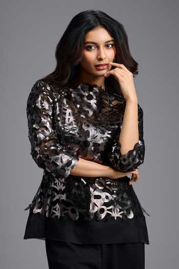 Shop_Deepika Arora_Silver Leather High Neck Metallic Cutwork Top _Online_at_Aza_Fashions
