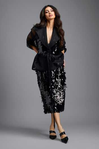 Shop_Deepika Arora_Black Dangling Sequin Midi Skirt _Online_at_Aza_Fashions