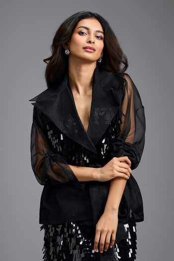 Buy Deepika Arora Black Organza Shawl Neck Sequin Embellished Wrap Tie-up Top Online at Aza Fashions Buy_Deepika Arora_Black Organza Shawl Neck Sequin Embellished Wrap Tie-up Top _Online_at_Aza_Fashions