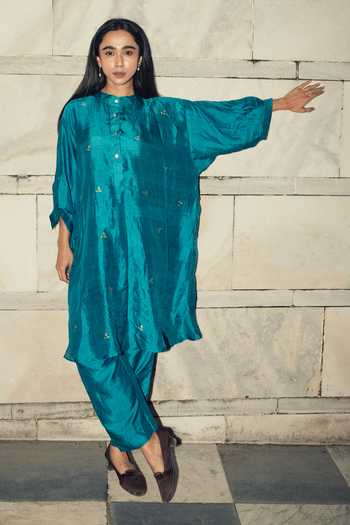 Shop Inkpikle Blue Silk Mandarin Collar Mulberry Kurta Set Online at Aza Fashions Shop_Inkpikle_Blue Silk Mandarin Collar Mulberry Kurta Set _Online_at_Aza_Fashions