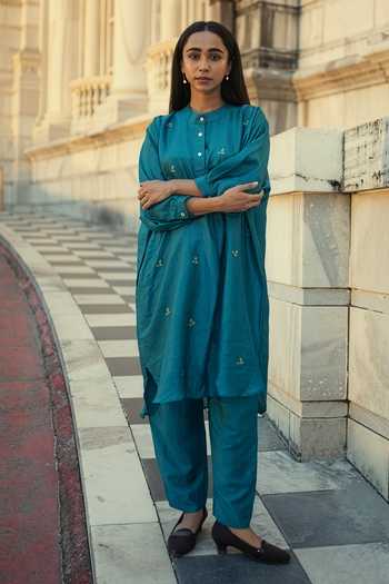 Buy Inkpikle Blue Silk Mandarin Collar Mulberry Kurta Set Buy_Inkpikle_Blue Silk Mandarin Collar Mulberry Kurta Set