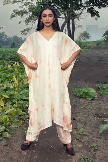 Buy Inkpikle White Cotton V-neck Hand Spun Kaftan And Pant Buy_Inkpikle_White Cotton V-neck Hand Spun Kaftan And Pant