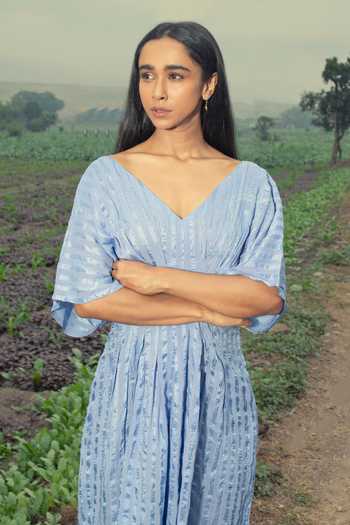 Inkpikle Blue Silk V-neck Cinched Waist Dress Online at Aza Fashions Inkpikle_Blue Silk V-neck Cinched Waist Dress _Online_at_Aza_Fashions