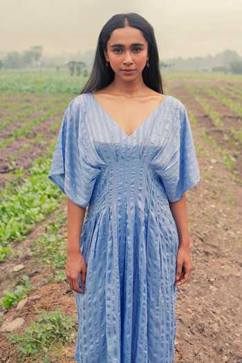 Buy Inkpikle Blue Silk V-neck Cinched Waist Dress Online at Aza Fashions Buy_Inkpikle_Blue Silk V-neck Cinched Waist Dress _Online_at_Aza_Fashions