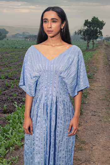 Shop Inkpikle Blue Silk V-neck Cinched Waist Dress Online at Aza Fashions Shop_Inkpikle_Blue Silk V-neck Cinched Waist Dress _Online_at_Aza_Fashions