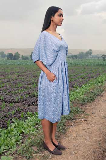 Inkpikle Blue Silk V-neck Cinched Waist Dress at Aza Fashions Inkpikle_Blue Silk V-neck Cinched Waist Dress _at_Aza_Fashions