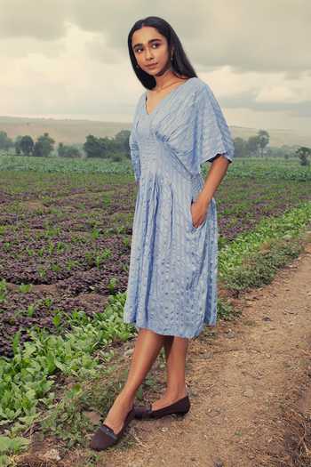 Buy Inkpikle Blue Silk V-neck Cinched Waist Dress Buy_Inkpikle_Blue Silk V-neck Cinched Waist Dress