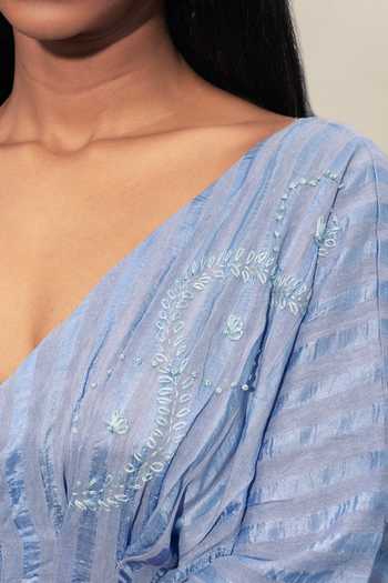 Shop Inkpikle Blue Silk V-neck Cinched Waist Dress Shop_Inkpikle_Blue Silk V-neck Cinched Waist Dress
