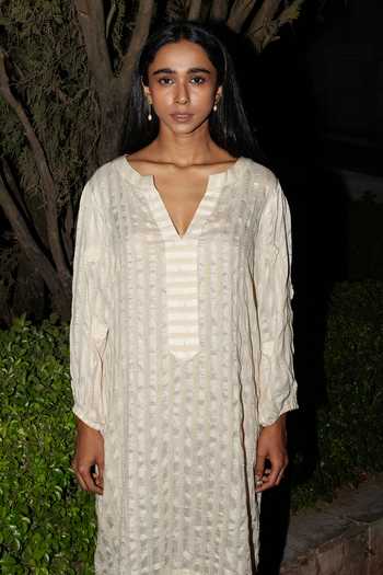 Inkpikle Beige Silk Split V-neck Crochet Trim Tunic Dress Online at Aza Fashions Inkpikle_Beige Silk Split V-neck Crochet Trim Tunic Dress _Online_at_Aza_Fashions