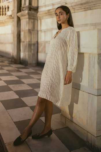 Buy Inkpikle Beige Silk Split V-neck Crochet Trim Tunic Dress Online at Aza Fashions Buy_Inkpikle_Beige Silk Split V-neck Crochet Trim Tunic Dress _Online_at_Aza_Fashions