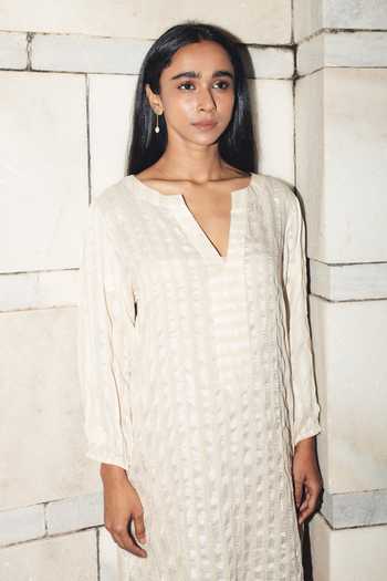 Inkpikle Beige Silk Split V-neck Crochet Trim Tunic Dress at Aza Fashions Inkpikle_Beige Silk Split V-neck Crochet Trim Tunic Dress _at_Aza_Fashions