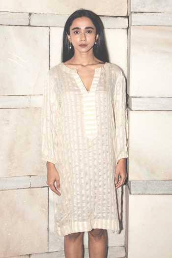 Buy Inkpikle Beige Silk Split V-neck Crochet Trim Tunic Dress Buy_Inkpikle_Beige Silk Split V-neck Crochet Trim Tunic Dress