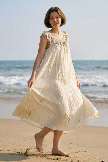 Shop Inkpikle Beige Silk Scoop Neck Hand Spun Matka Dress Online at Aza Fashions Shop_Inkpikle_Beige Silk Scoop Neck Hand Spun Matka Dress _Online_at_Aza_Fashions