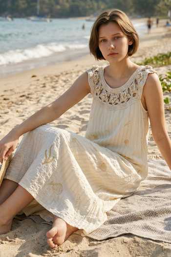 Shop Inkpikle Beige Silk Scoop Neck Hand Spun Matka Dress Shop_Inkpikle_Beige Silk Scoop Neck Hand Spun Matka Dress