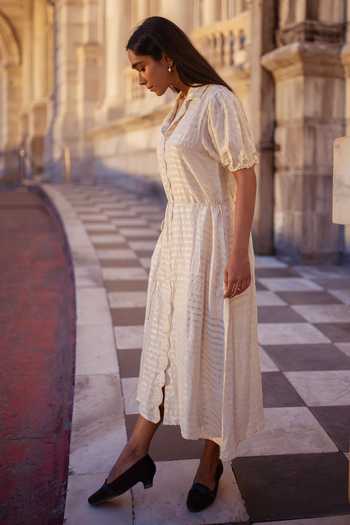 Inkpikle Beige Silk V-neck Hand Spun Dress Online at Aza Fashions Inkpikle_Beige Silk V-neck Hand Spun Dress _Online_at_Aza_Fashions