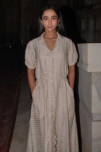 Buy Inkpikle Beige Silk V-neck Hand Spun Dress Online at Aza Fashions Buy_Inkpikle_Beige Silk V-neck Hand Spun Dress _Online_at_Aza_Fashions