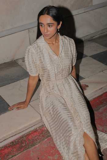Inkpikle Beige Silk V-neck Hand Spun Dress at Aza Fashions Inkpikle_Beige Silk V-neck Hand Spun Dress _at_Aza_Fashions