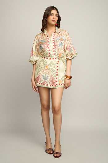 Poppi_Multi Color Silk, Crepe, Bemberg Printed Fully Lined Shirt And Skorts Set _Online_at_Aza_Fashions
