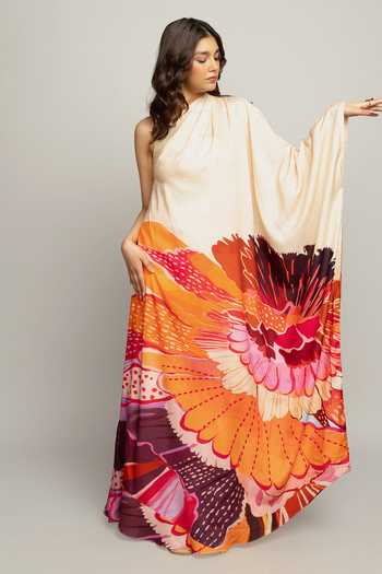Shop Poppi Multi Color Silk, Bemberg One Shoulder Floral Print Kaftan Online at Aza Fashions Shop_Poppi_Multi Color Silk, Bemberg One Shoulder Floral Print Kaftan _Online_at_Aza_Fashions