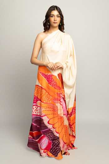 Poppi Multi Color Silk, Bemberg One Shoulder Floral Print Kaftan at Aza Fashions Poppi_Multi Color Silk, Bemberg One Shoulder Floral Print Kaftan _at_Aza_Fashions
