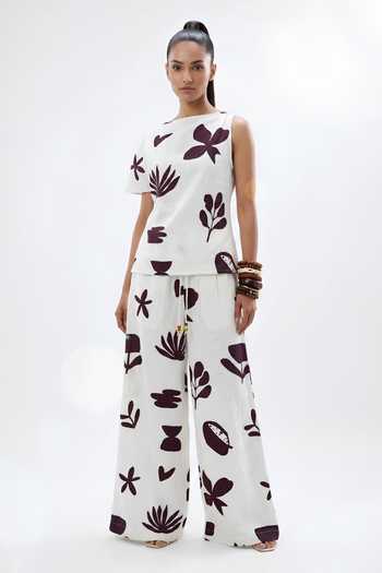 Buy_Poppi_Black Silk, Bemberg Asymmetric , High Floral Print Top With Pant _Online_at_Aza_Fashions