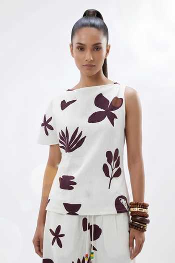 Shop_Poppi_Black Silk, Bemberg Asymmetric , High Floral Print Top With Pant _Online_at_Aza_Fashions
