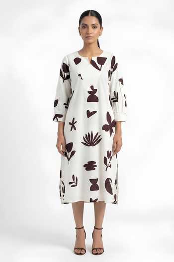 Shop_Poppi_White Silk, Bemberg V-neck Floral Print Dress _Online_at_Aza_Fashions