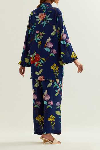 Label Earthen Navy Floral Pattern Shirt Pant Set For Kids
