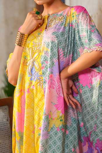 Buy Anu Pellakuru Yellow Faux Leather Pearls, Tassels Floral Printed Asymmetric Tunic And Pant Set For Kids Online at Aza Fashions Buy_Anu Pellakuru_Yellow Faux Leather Pearls, Tassels Floral Printed Asymmetric Tunic And Pant Set For Kids_Online_at_Aza_Fashions