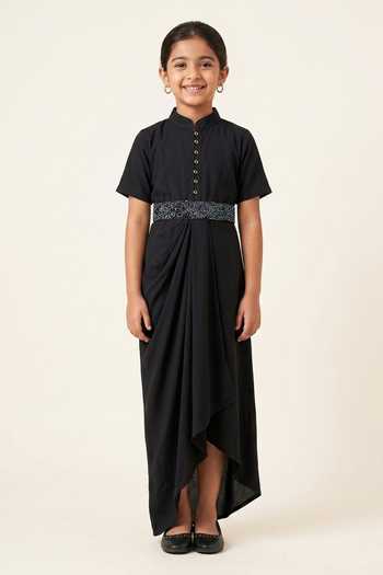 Aakaar Mandarin Collar Draped Dress For Kids