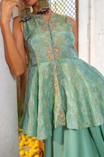 Anu Pellakuru_Green Tissue, Silk, Chiffon, Satin Florin Embroidered Peplum Kurti And Palazzo For Kids_Online_at_Aza_Fashions