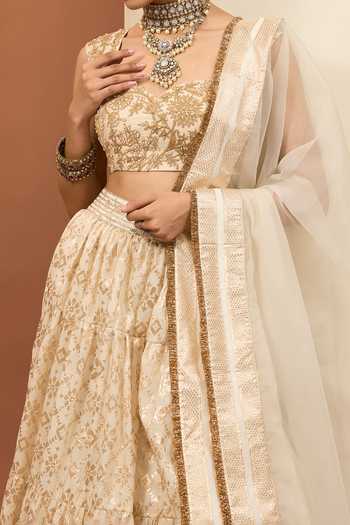 Buy_Neha Khullar_Ivory Organza, Chanderi Silk Beads, Zari Geometric Banarasi Lehenga Set For Kids_Online_at_Aza_Fashions