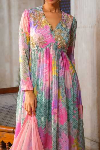 Anu Pellakuru_Mint Chiffon, Crepe, Net Cut Work, Pearls, Floral Print Anarkali Pant Set For Kids_Online_at_Aza_Fashions