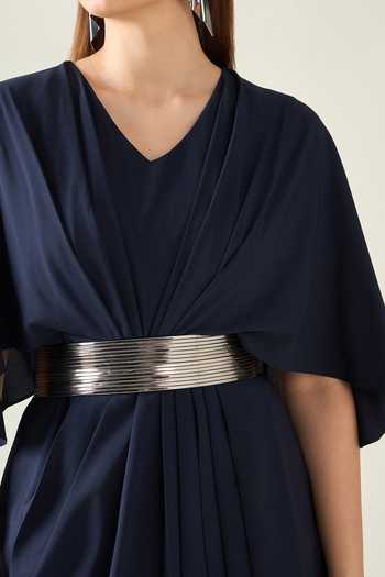 Aakaar_Blue Microfiber Buckles, Metallic Thread Midnight Pleat Draped Dress With Belt For Kids_Online_at_Aza_Fashions