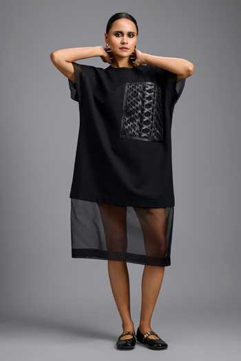 Deepika Arora_Black Organza, Ponte Roma Round Neck Sheer Hem Dress _Online_at_Aza_Fashions