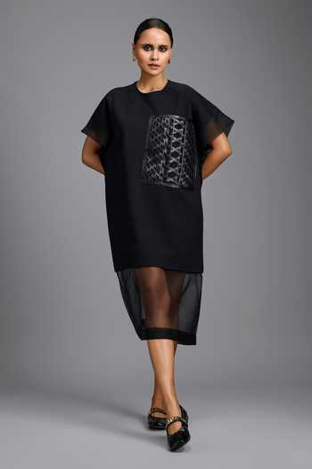 Buy_Deepika Arora_Black Organza, Ponte Roma Round Neck Sheer Hem Dress _Online_at_Aza_Fashions
